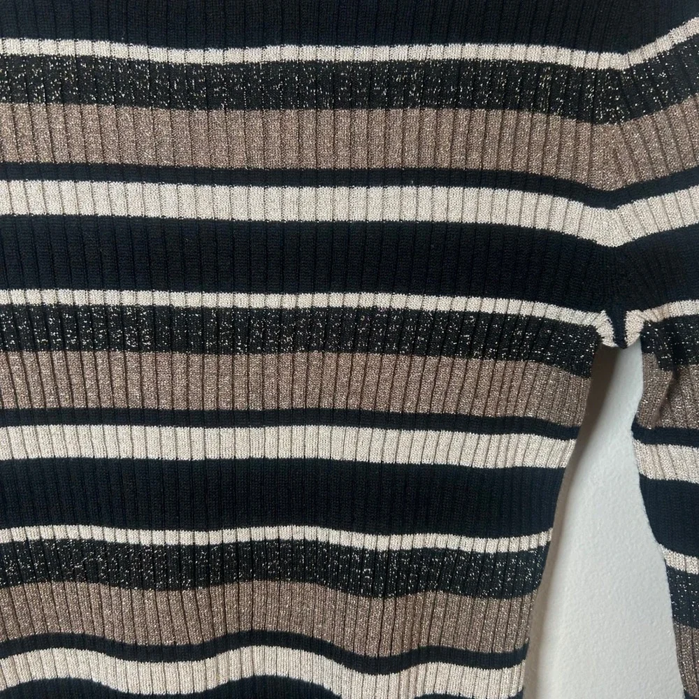 FRAME‎ Striped Ribbed Knit Sweater Gold Metallic Black White Tan Women's S/P